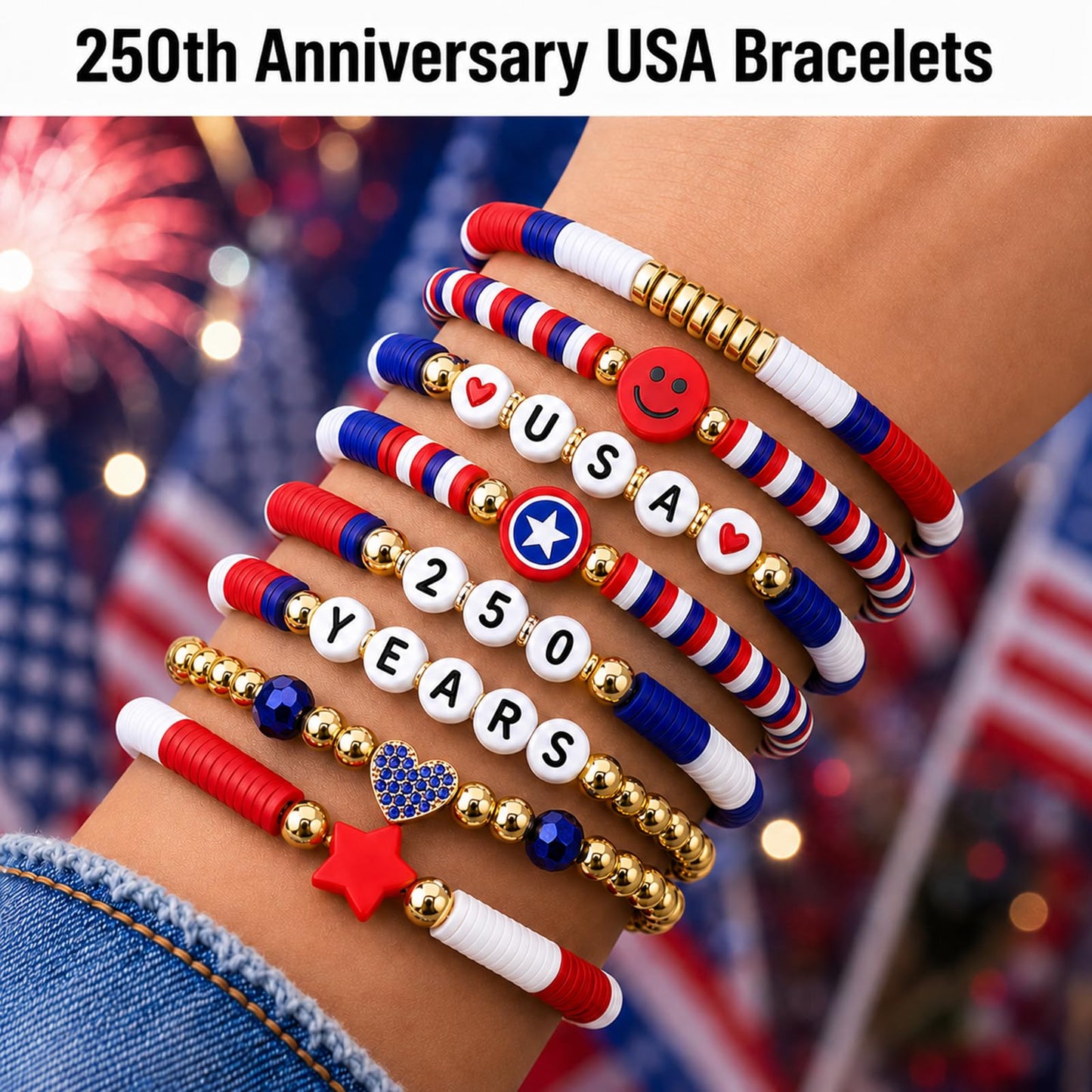 Go Ho 8 Pack 250 Anniversary USA Bracelets,4th of July Outfits Shirts Accessories for Women,Patriotic Red White and Blue Stackable Bracelets Set with USA,250 YEARS,Star&Smile Charms