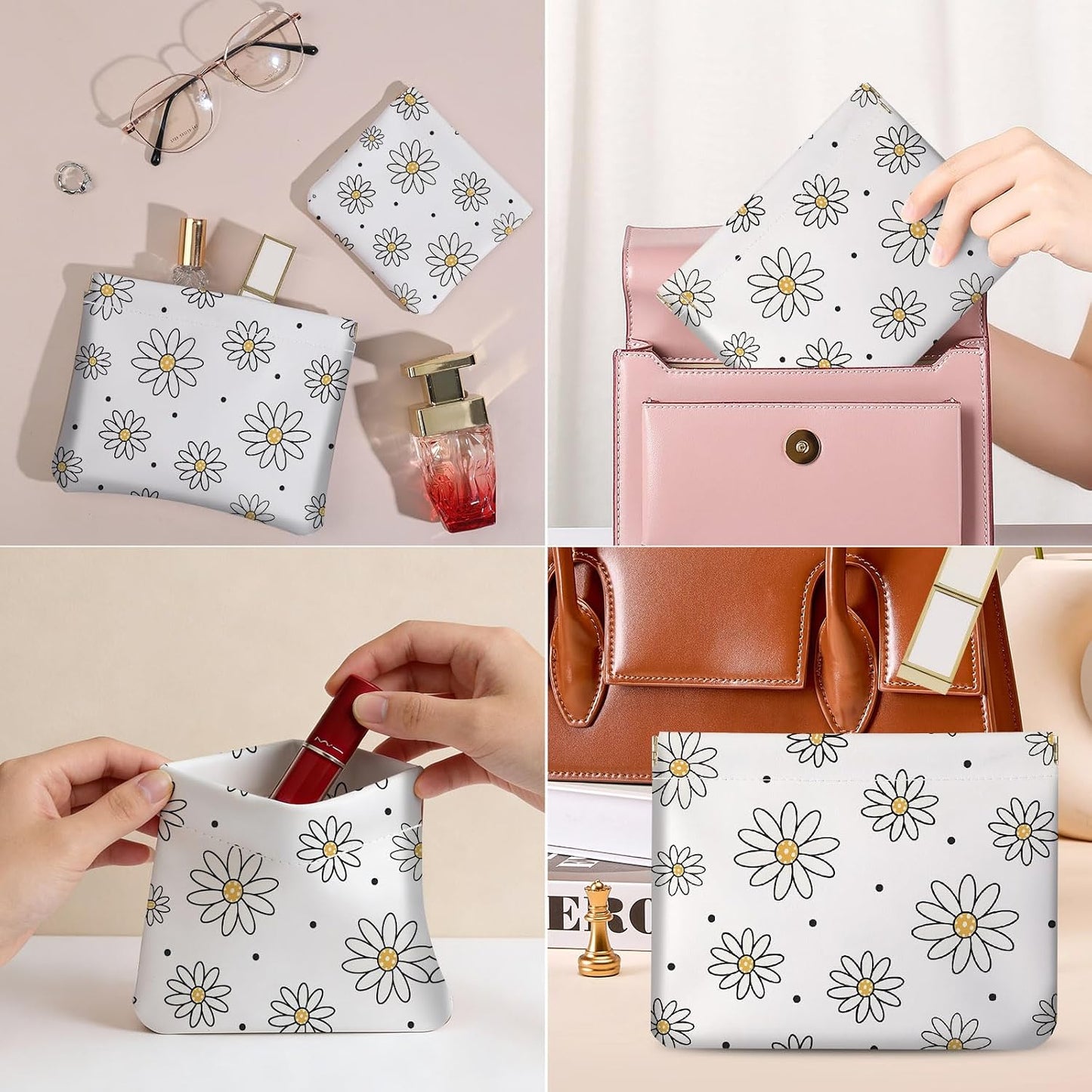 Small Makeup Bag Set - 2 PCS PU Leather Cosmetic Organizer | Portable Travel Toiletry Pouch for Women - Black Floral Design
