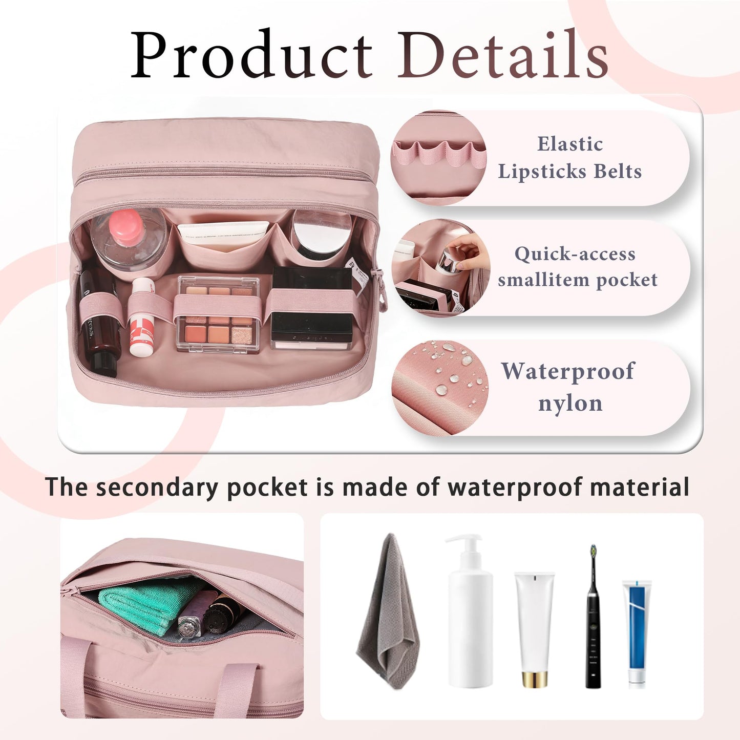 Geerlaqaly standing makeup bag, toiletry Bag 2-in-1 Women's Large Capacity Foldable Travel Makeup Storage Bag, Dry wet separation layer,Portable,khaki
