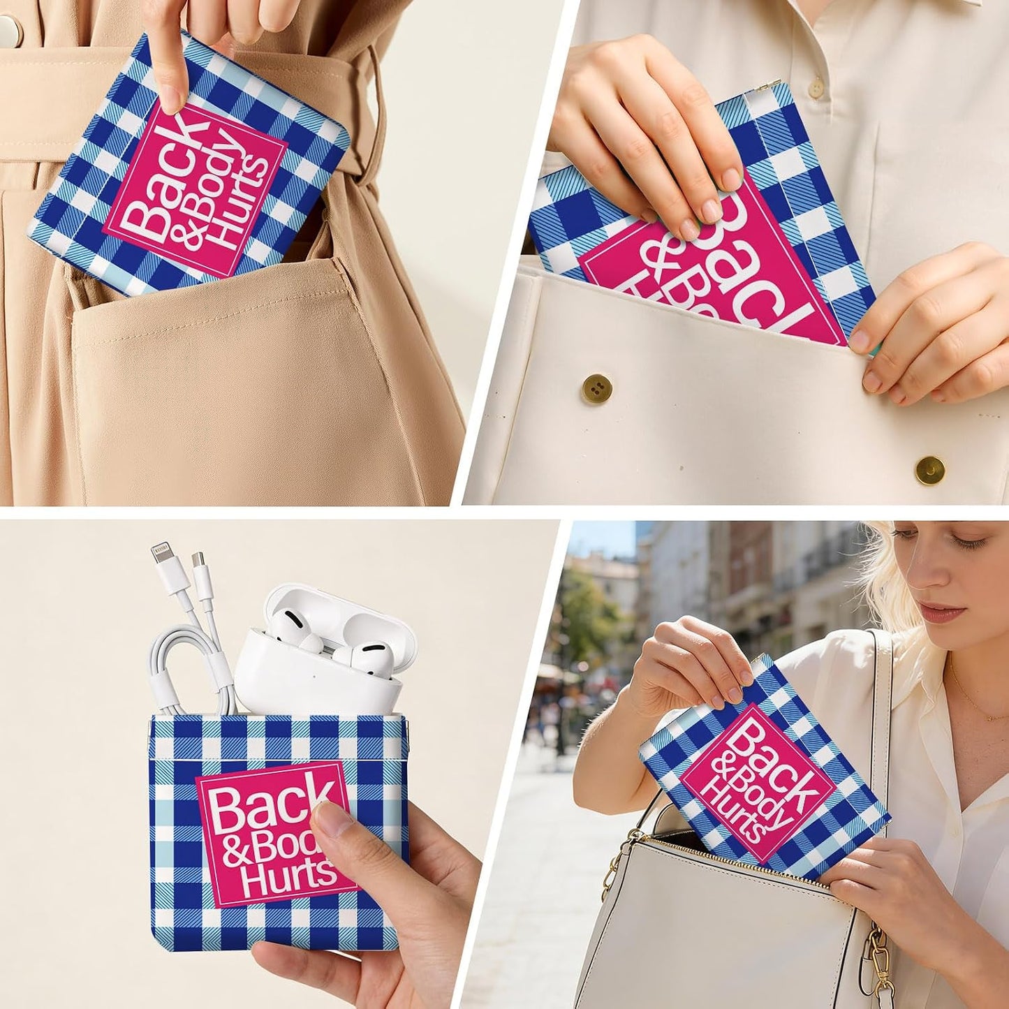 Makeup Bag Set - 2 PCS PU Leather Cosmetic Organizer | Portable Self-Closing Pouch for Women - Blue Checkered Pattern