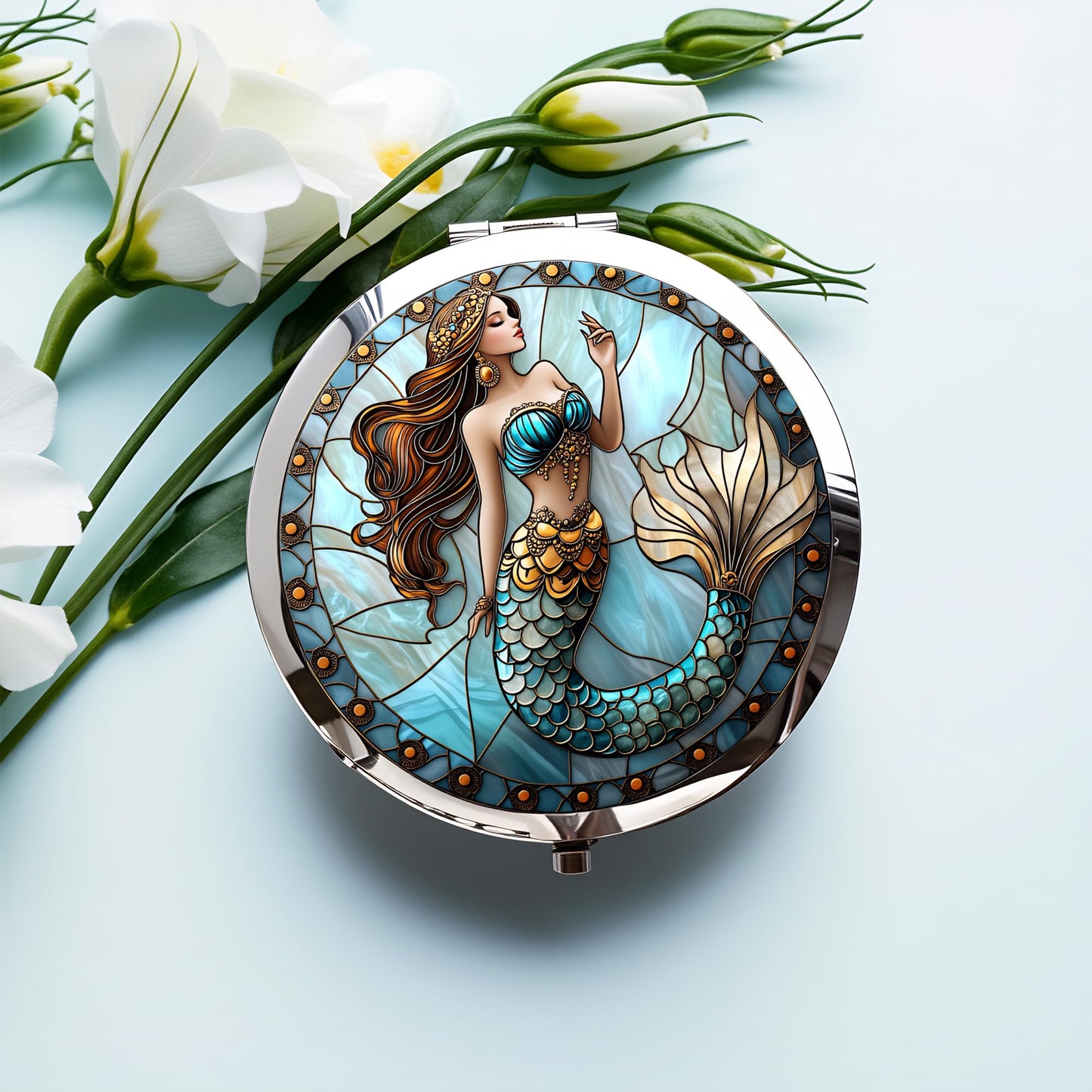 Silver Compact Mirror, 2.8x2.8inch Double-Sided Folding Makeup Mirror with Golden Tail Mermaid Design, Ideal Gift for Women