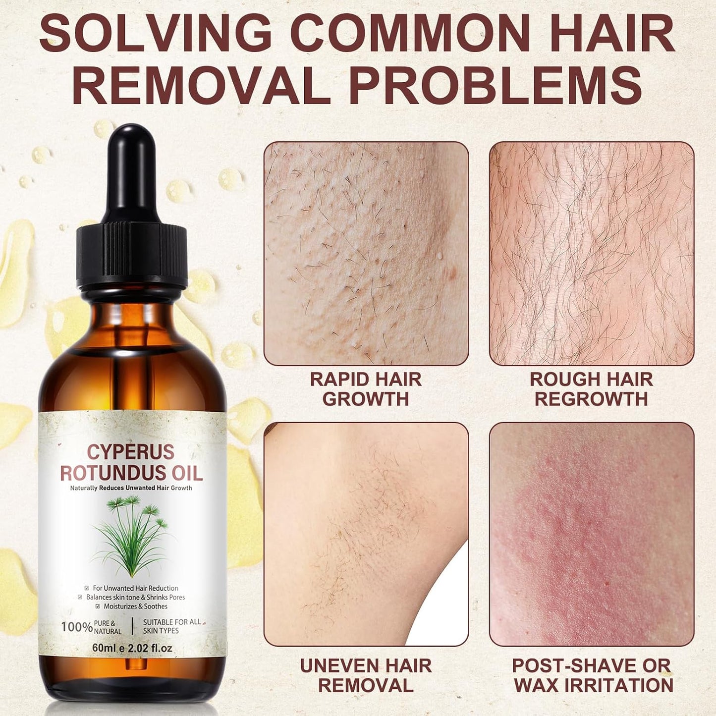 Cyperus Rotundus Oil Hair Removal | Natural Body Hair Growth Reducer, Pore Shrinkage & Skin Moisturizer - 60ml