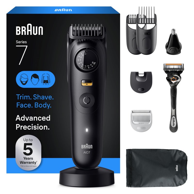 Braun Series 7 All-in-One Beard & Body Grooming Kit for Men, Cordless Trimmer, Hair Clippers & Shaver for Face, Hair & Body with Gillette ProGlide Razor, AIO 7535