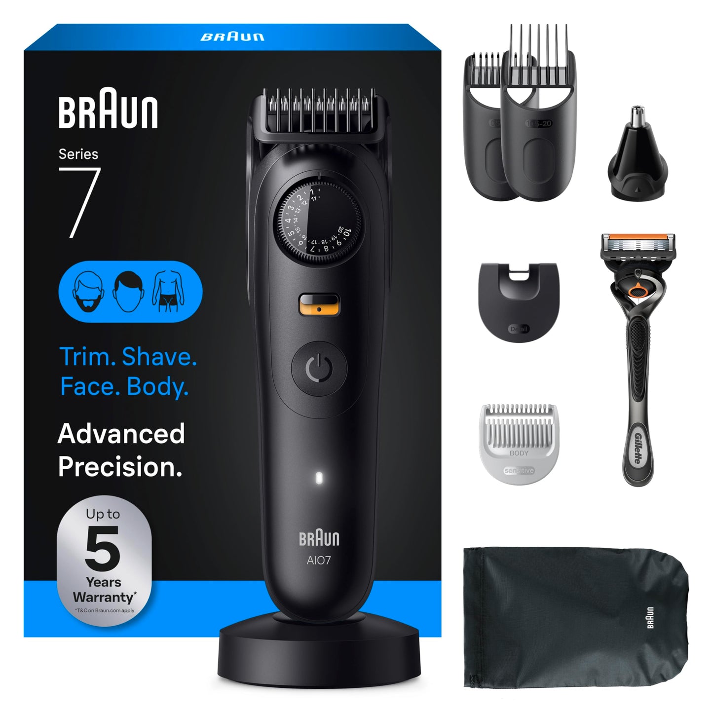 Braun All-in-One Series 7 Men's Electric Beard Trimmer, Hair Clipper, Shaver & Razor for Face, Hair & Body, All-in-One AIO 7535 with Gillette ProGlide Razor, Cordless