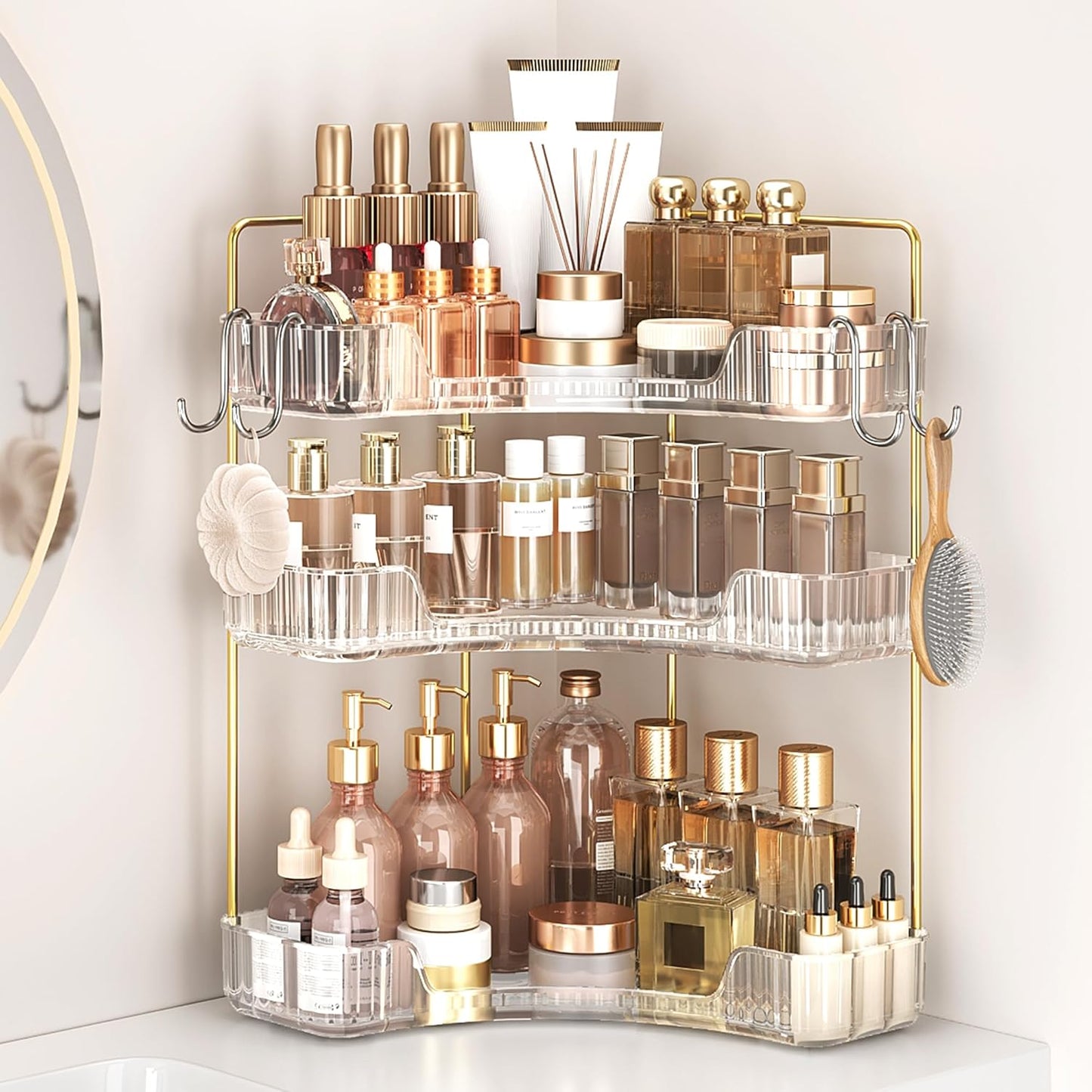Corner Bathroom Counter Organizer - 3-Tier Storage Shelf with Hooks for Makeup & Skincare | Clear