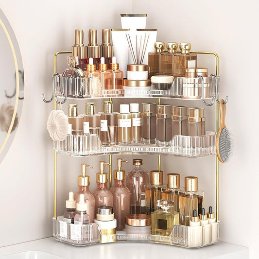 Corner Bathroom Counter Organizer - 3-Tier Storage Shelf with Hooks for Makeup & Skincare | Clear