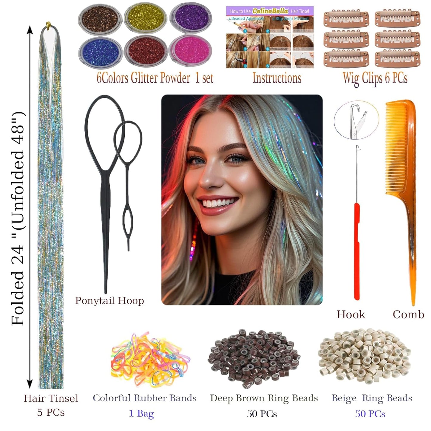 Gold Turquoise Hair Tinsel - Ice Crystal Effect, 48 Inch, 1250 Strands | Heat Resistant Sparkling Glitter for Women Party Cosplay