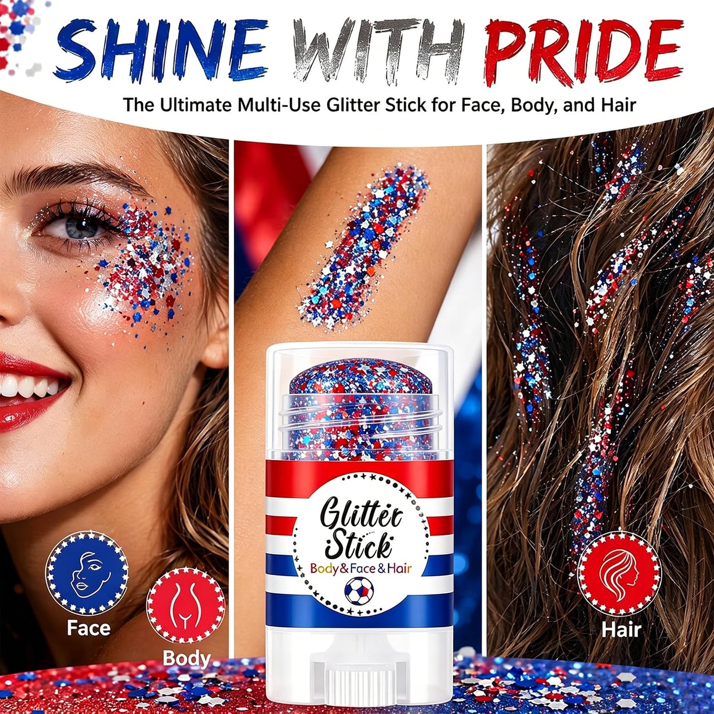 4th of July Glitter Stick, Red White and Blue Glitter Stick, Body Glitter, Patriotic USA Flag Makeup for Independence Day & 250 Anniversary, Fourth of July Decorations, 4th of July Outfits for Women