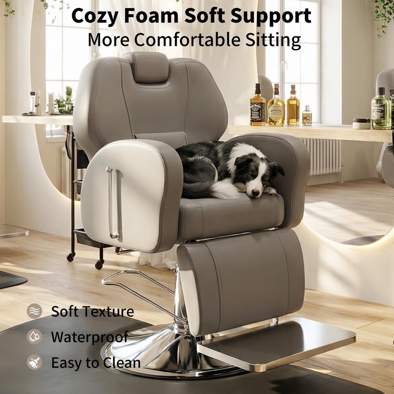 Baasha Heavy Duty Reclining Barber Chair - Grey Hydraulic Salon Chair for Facials, Lash Extensions, Tattoo & Braiding - 165° Recline with Leg Rest, Stainless Steel Base