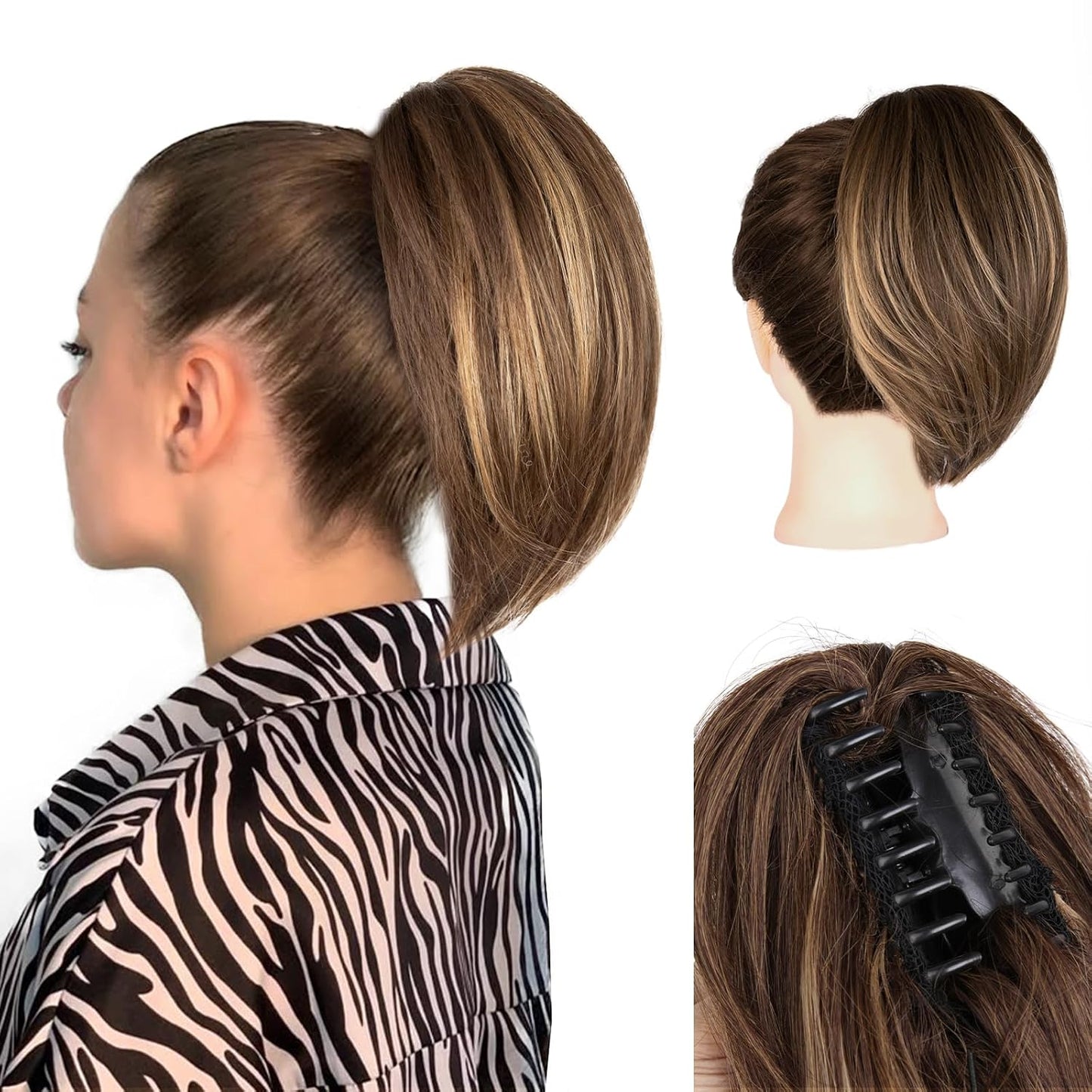 10 Inch Ponytail Extension - Straight Claw Clip Synthetic Hair | Brown with Blonde Highlights