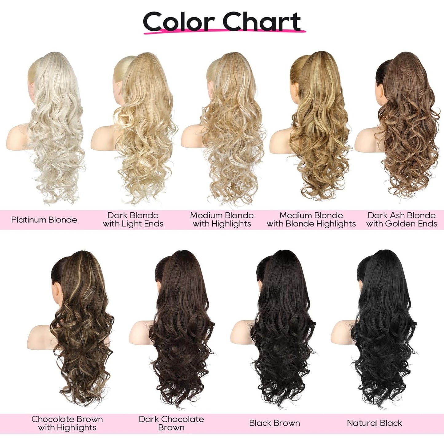 Ponytail Extension - 24" Claw Clip In Long Curly Wavy Hairpiece | Medium Blonde with Highlights