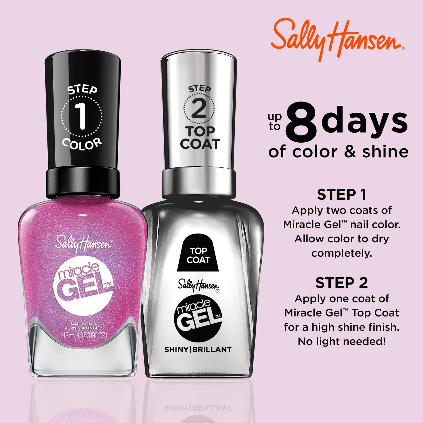 Sally Hansen Miracle Gel Salon Quality Nail Polish | Gel-Like Formula, Two-Step System, No UV Light Needed, Long Lasting | Opaque, Shimmer | 512 Quartz And Kisses | Fuchsia Pink Nail Color