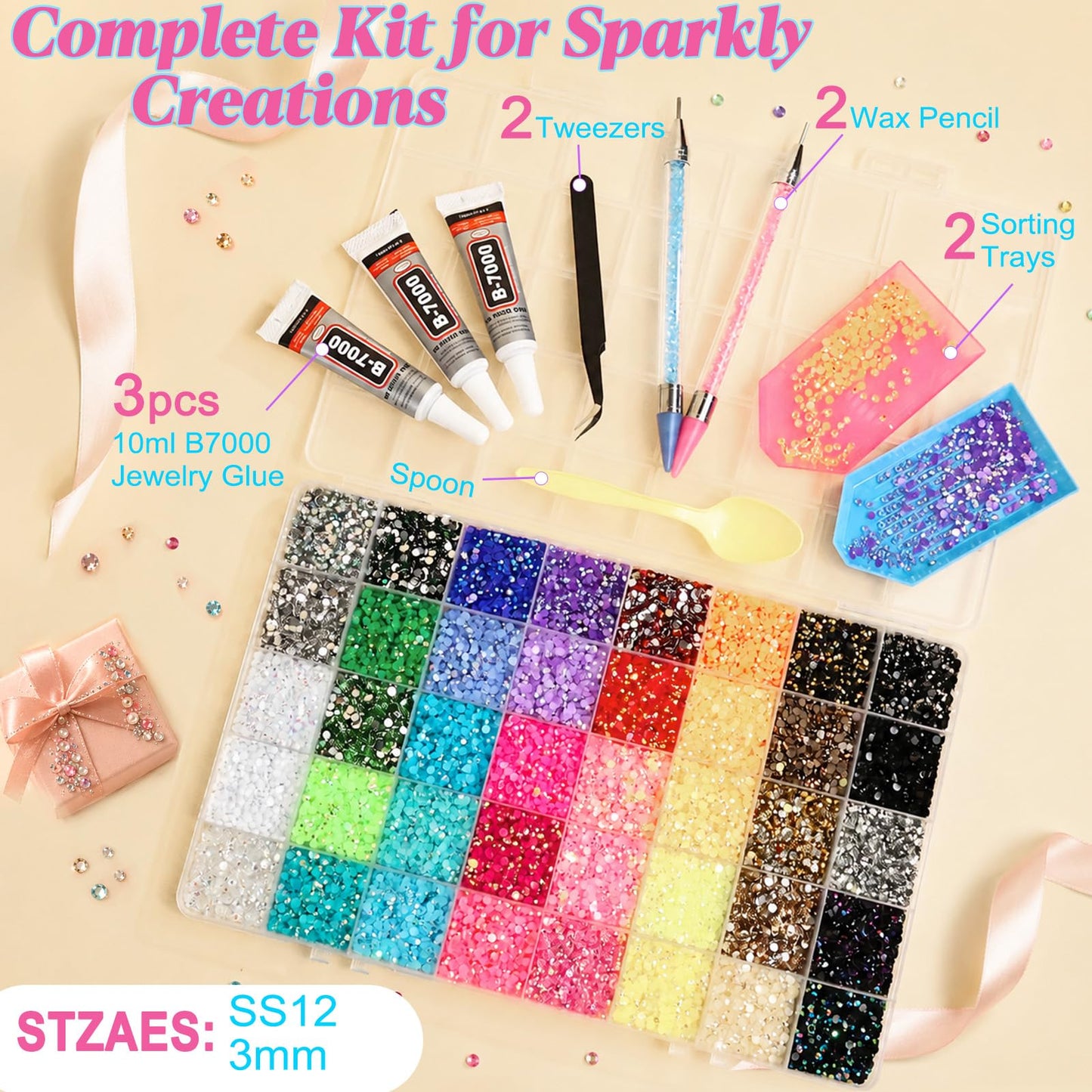 40 Colors Resin Jelly Rhinestones for Bedazzling Kit, 3mm 36000 Pcs Rhinestone Kit, Bedazzler Kit for Nail Art, Clothes, Crafting, Makeup