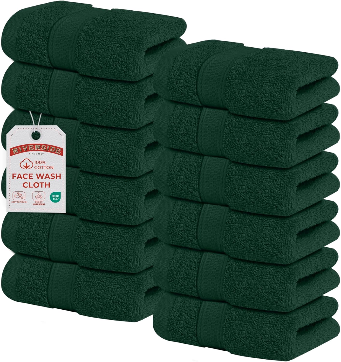 Riverside 12-Pack 100% Cotton Hunter Green Face Towels - Super Soft, Absorbent Washcloths for Bathroom, Spa & Gym | 12x12 Inches