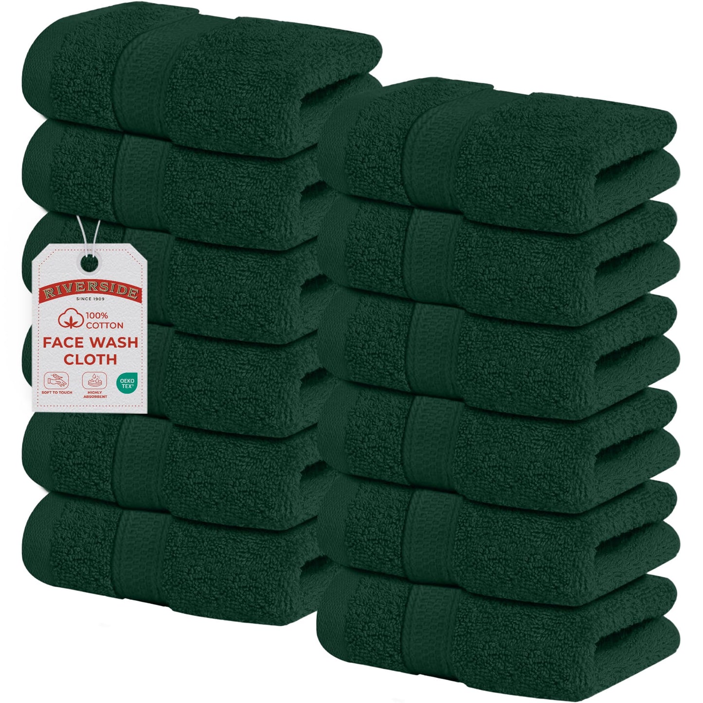 RIVERSIDE 12-Pack Premium 100% Cotton Hunter Green Face Towels for Bathroom [12x12] - Reusable Luxury Face Wash Cloths for Showering - 550 GSM Super Soft & Absorbent Washcloths for Body, Spa & Gym