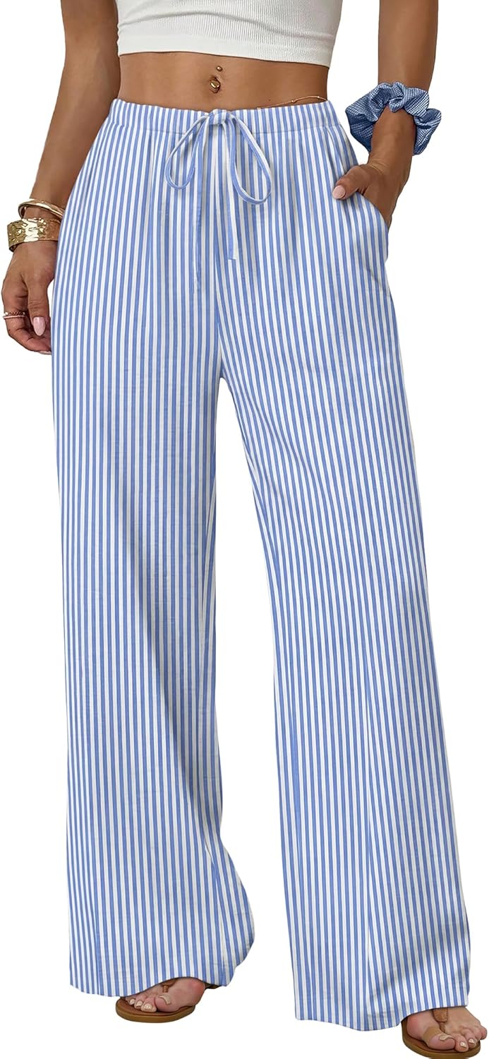 Wide Leg Pants for Women - Flowy Palazzo Trousers with Drawstring & Pockets | Summer Beach Vacation Wear