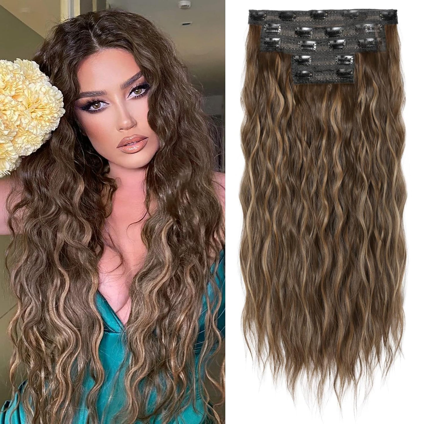 Clip In Hair Extensions - 5PCS Ash Blonde Highlights | 24" Thick Loose Waves, Soft & Natural Hairpieces for Women
