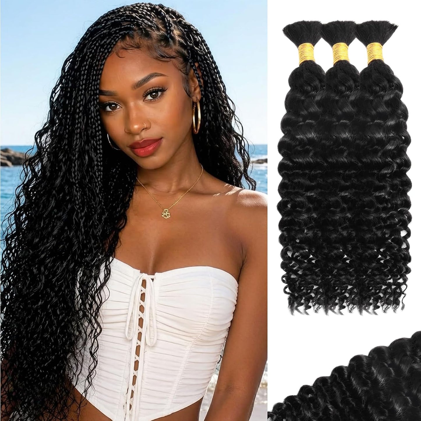 Water Wave Human Braiding Hair - 16 Inch Deep Curly Bundles for Boho Braids | 110g Natural Black