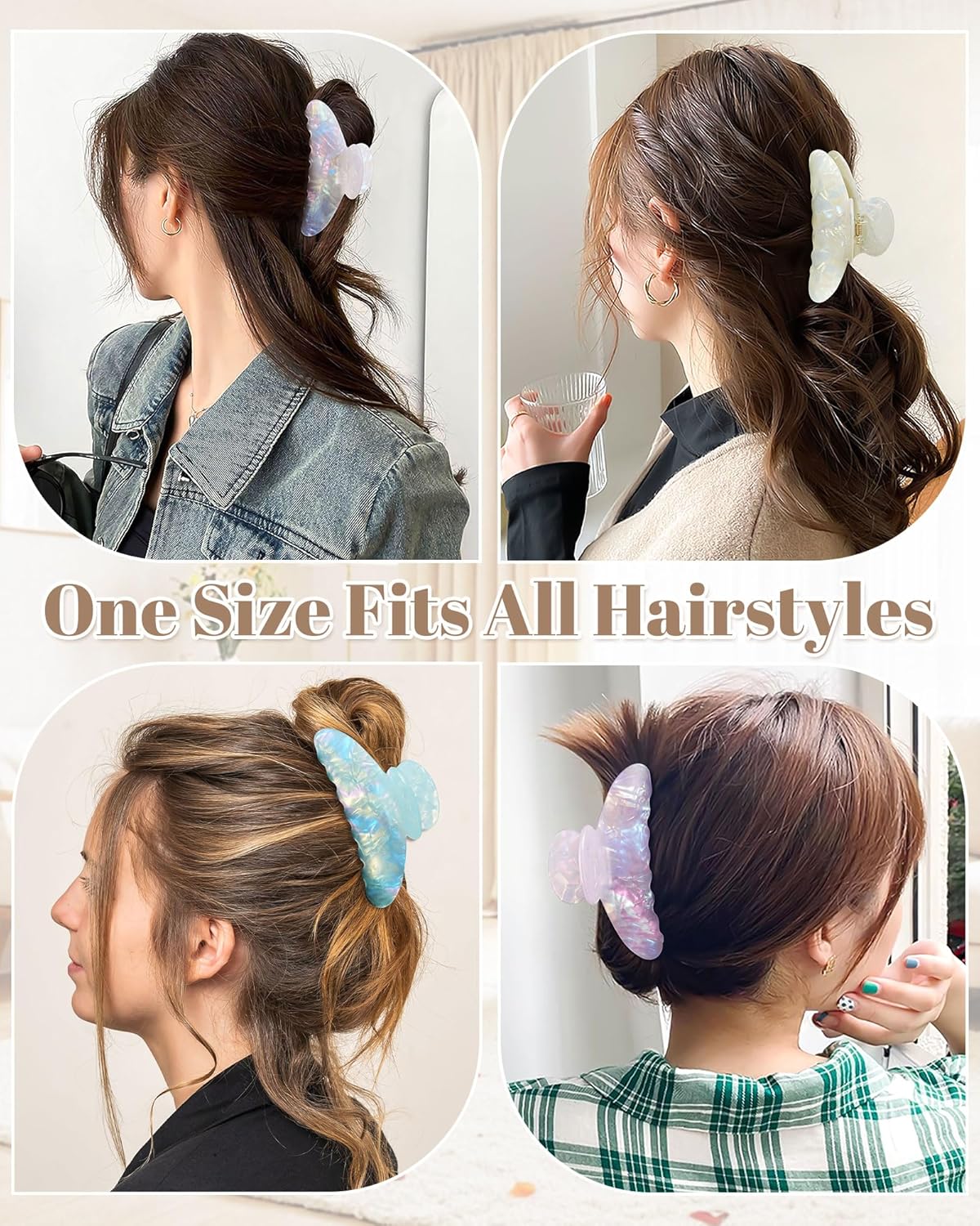 Acrylic Hair Clips - 4 Pack Nonslip Large Hair Grips for Thin & Thick Hair | French Banana Barrettes (Pink, White, Green, Champagne)