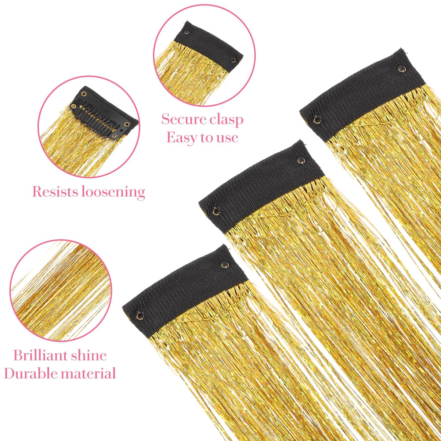 Nogeqi 8 Pcs Colored Hair Tinsel Clip Hair Extensions Glitter Fairy Hairs Tinsel Clips for Party Birthday Festival Gifts, 18.9 Inch