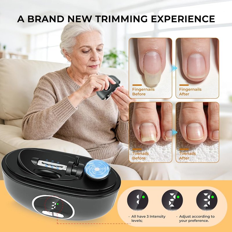 Electric Nail Clippers for Seniors - 3-in-1 Adjustable Dual-Slot, 3-Speed Trimming & Sanding | Black, Night Lighting, 1PC