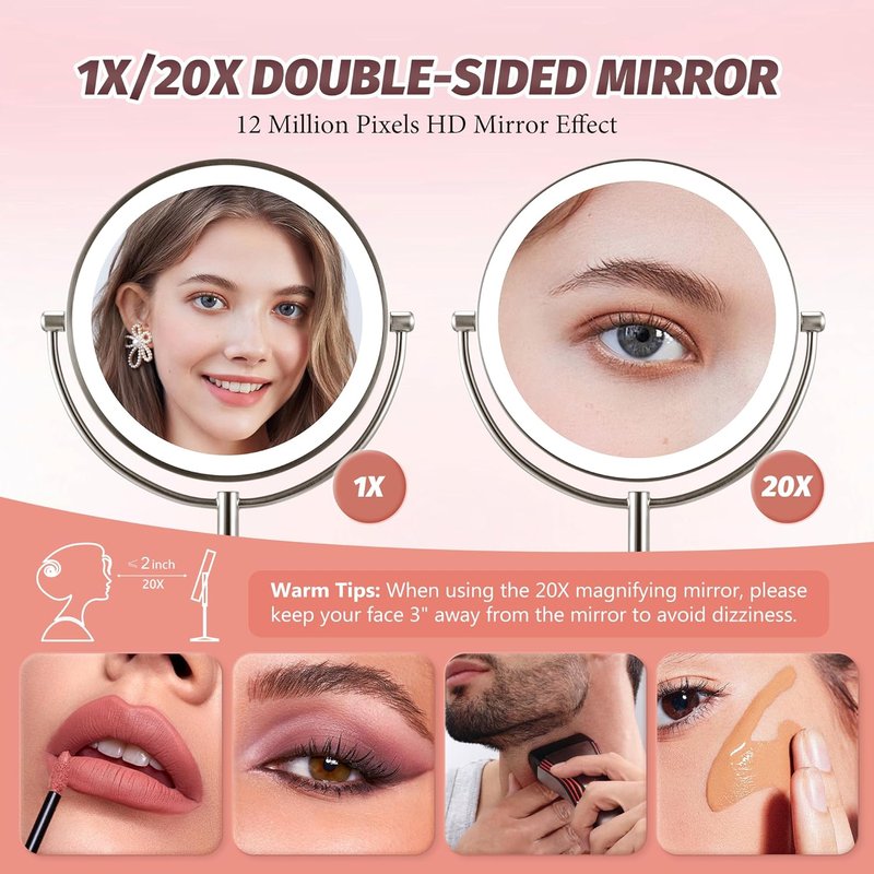 Lighted Makeup Mirror - 9" Rechargeable 1X/20X Magnifying Mirror with Dimmable 3-Color Lights | Perfect for Bedroom Tabletop