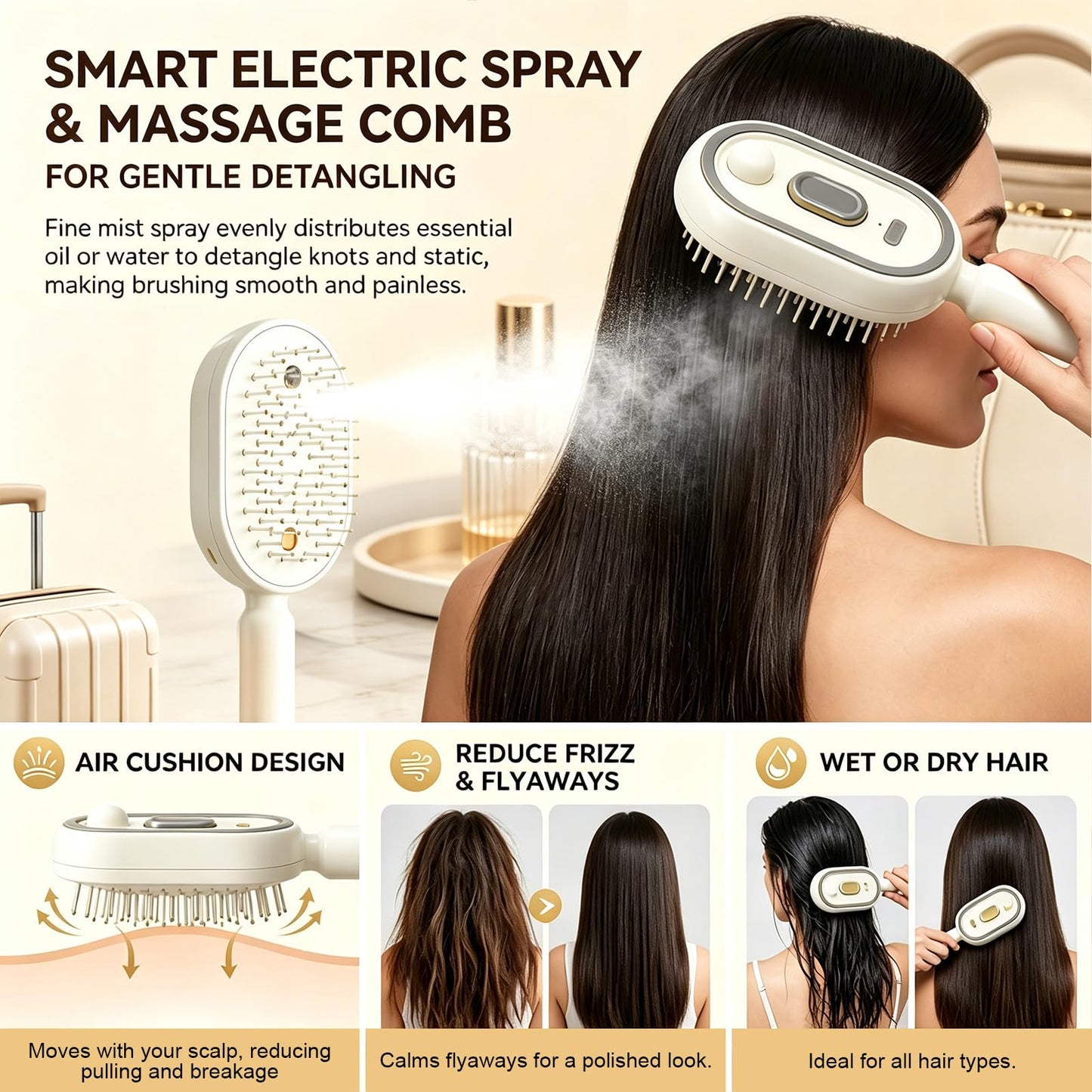 Electric Spray Massage Hair Brush 2026 Upgrade Air Cushion Brush Rechargeable Steam Hair Straightener for Anti Static Reduce Frizz Nourishes Hairs for Home Spa Grooming Styling (Purple)