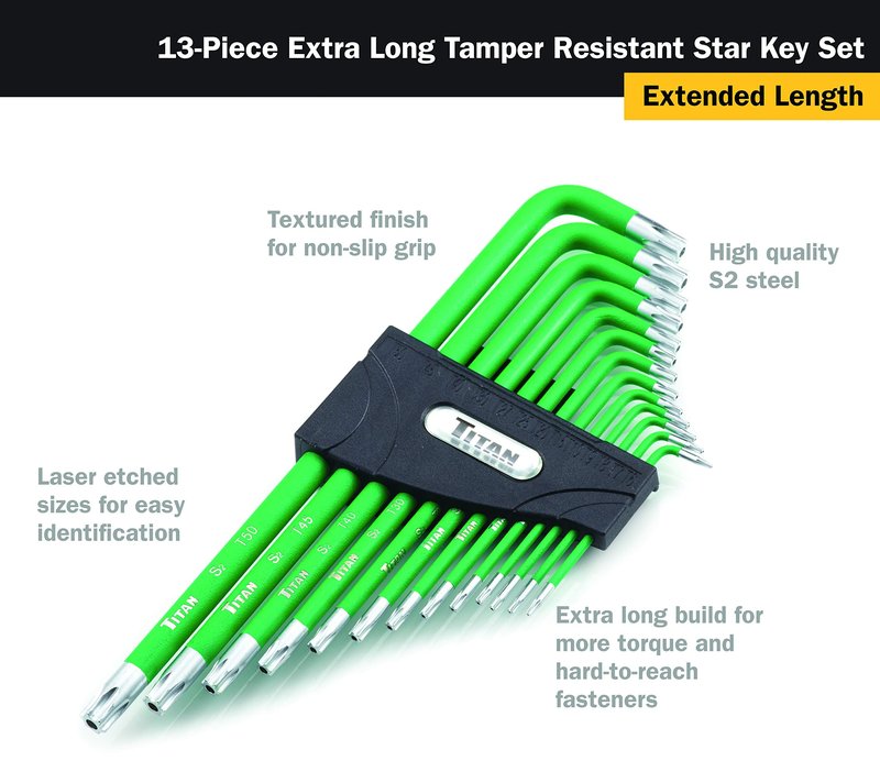 Titan Tools 12715 Extra-Long Arm Tamper Resistant Star Key Set - 13 Piece , Green, 1