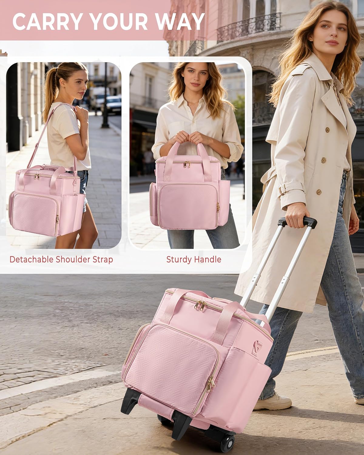 Rolling Hairstylist Travel Bag - Hair Tool Bag with 2 Pouches & Heat Insulation | Pink