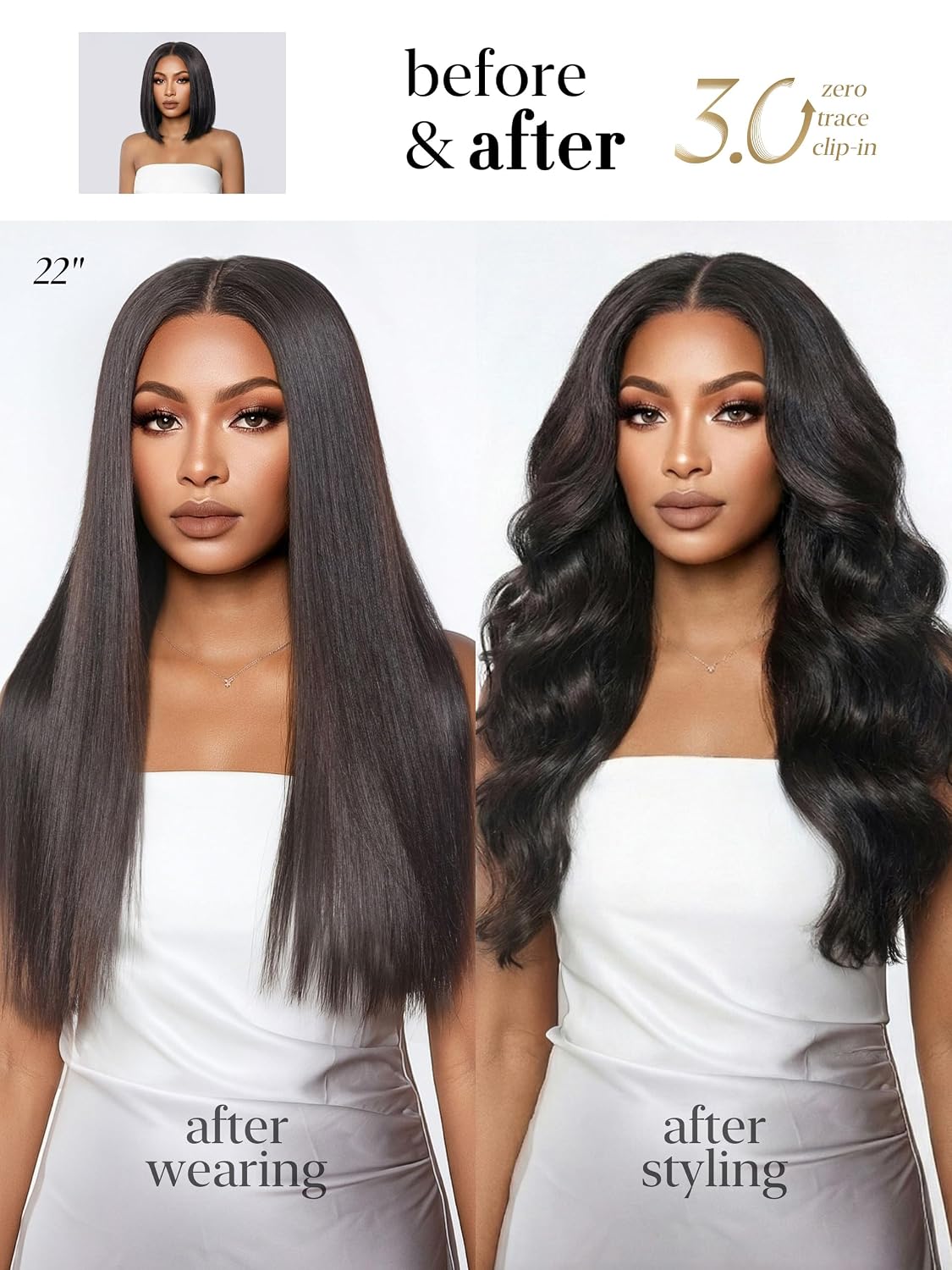 LUVME Invisible Clip-In Hair Extensions - 0.59mm Yaki Straight 24 Inch, 100% Real Human Hair, 6 Pcs 100g | Wider Wefts for Easy Sectioning