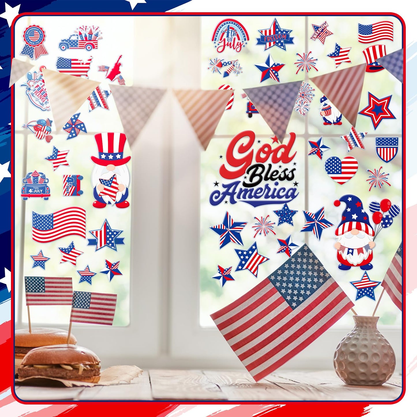 Tellingyou 65 Pcs 4th of July Gel Window Clings Patriotic Stickers Decals Red Blue White American Star Flag Clings for Independence Day Home