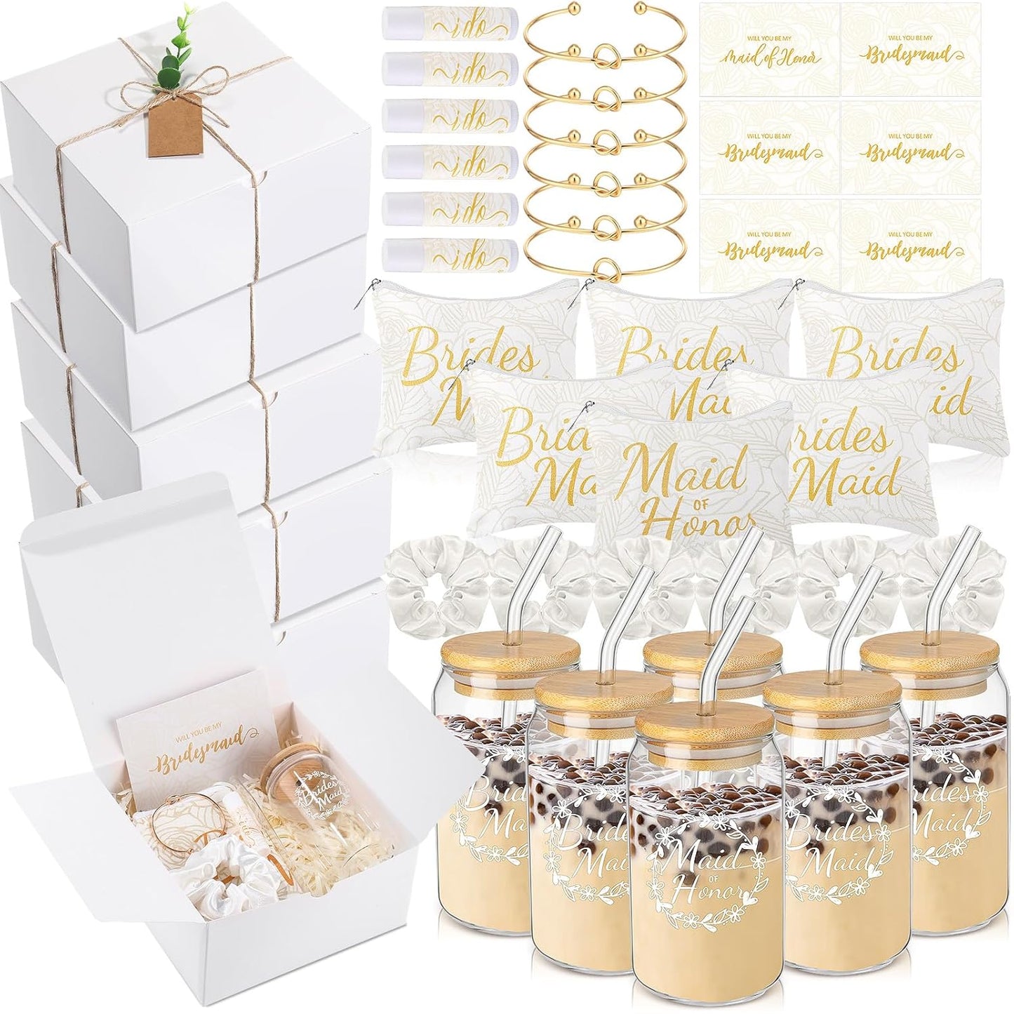 Bridesmaid Proposal Gifts - 54 Pcs Set with Makeup Bag, Glass Cup & Bracelet | Green & White