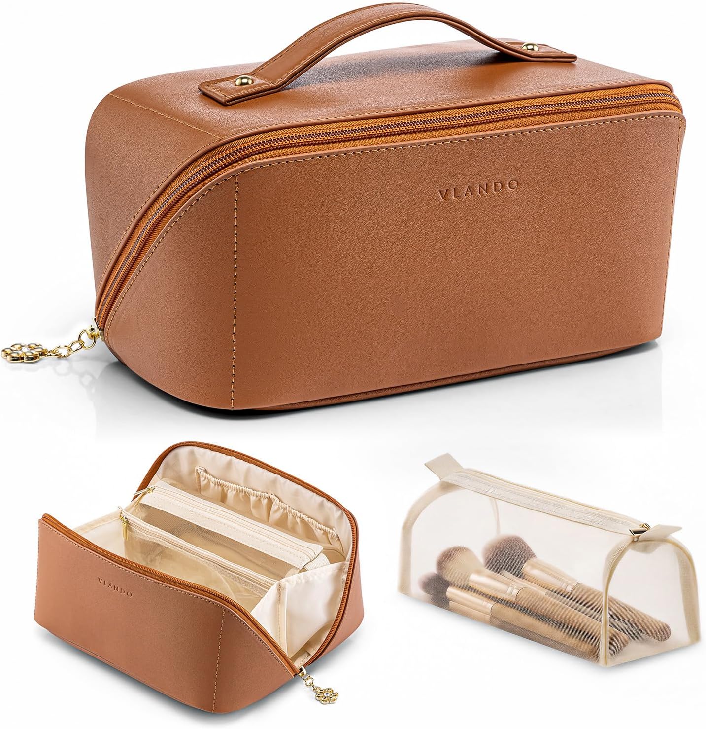 VLANDO Makeup Bag - Travel Toiletry & Cosmetic Bag for Women | PU Leather, Portable Design - Toffee