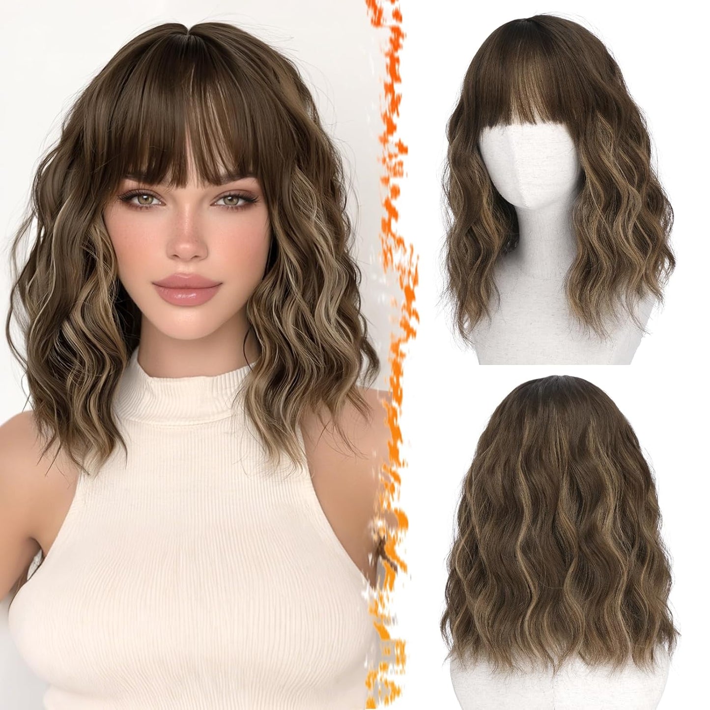 Long Wavy Blonde Curtain Bangs Wig - 26" Synthetic Ombre Wig with Dark Roots | Soft Natural Look