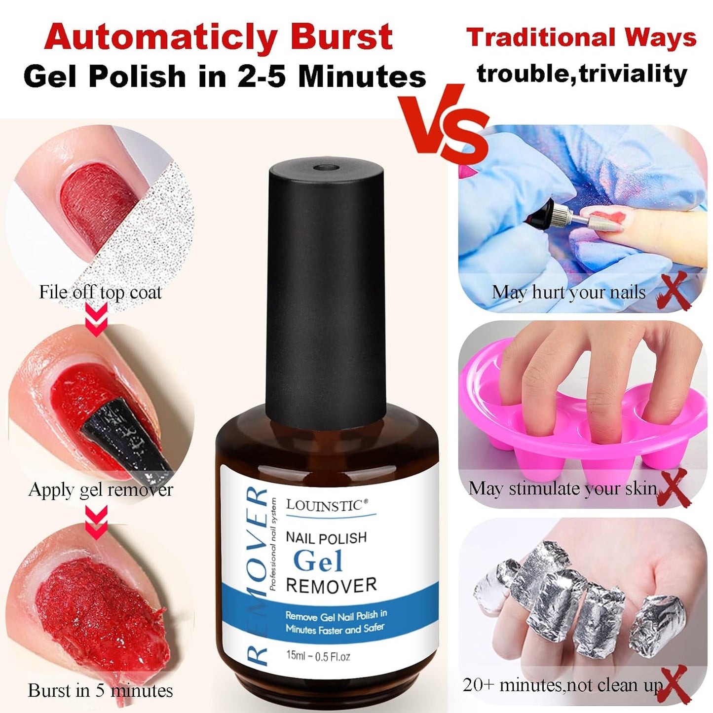 Gel Nail Polish Remover Kit - Fast, Gentle & Non-Damaging Formula | Includes Nail Files for At-Home Manicure (1PC/15ML)