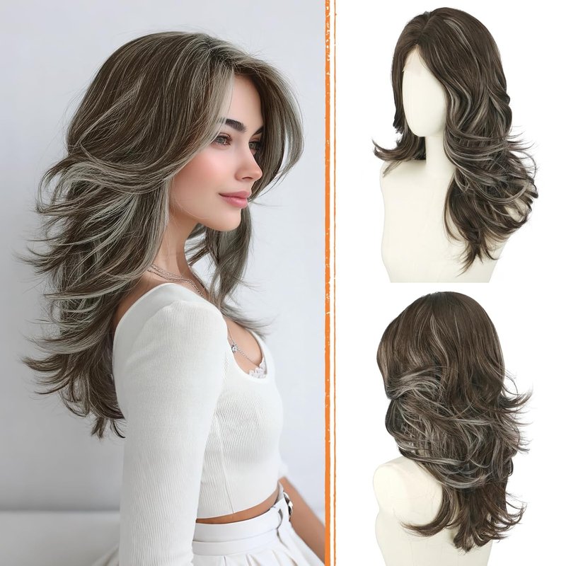 Brown Layered Wigs with Curtain Bangs - 20 Inch Long Wavy Synthetic Hair Wig for Women | Natural Looking Middle Part
