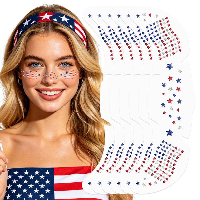 Red White and Blue Glitter Freckles Face Tattoos - Patriotic American Flag Design | 4th of July Makeup Stickers, 6 Pcs
