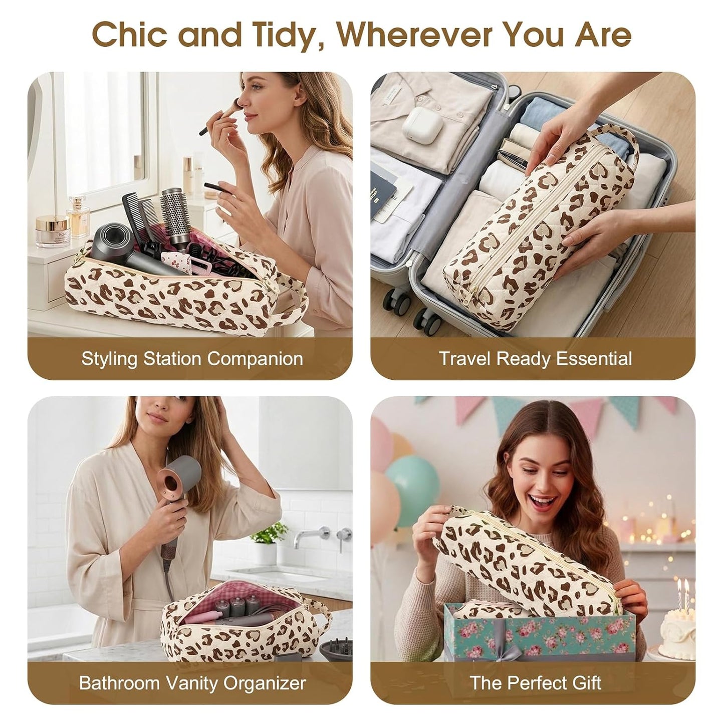 Quilted Travel Bag for Hair Tools - Compatible with Dyson Airwrap & Shark Flexstyle | Large Leopard Organizer