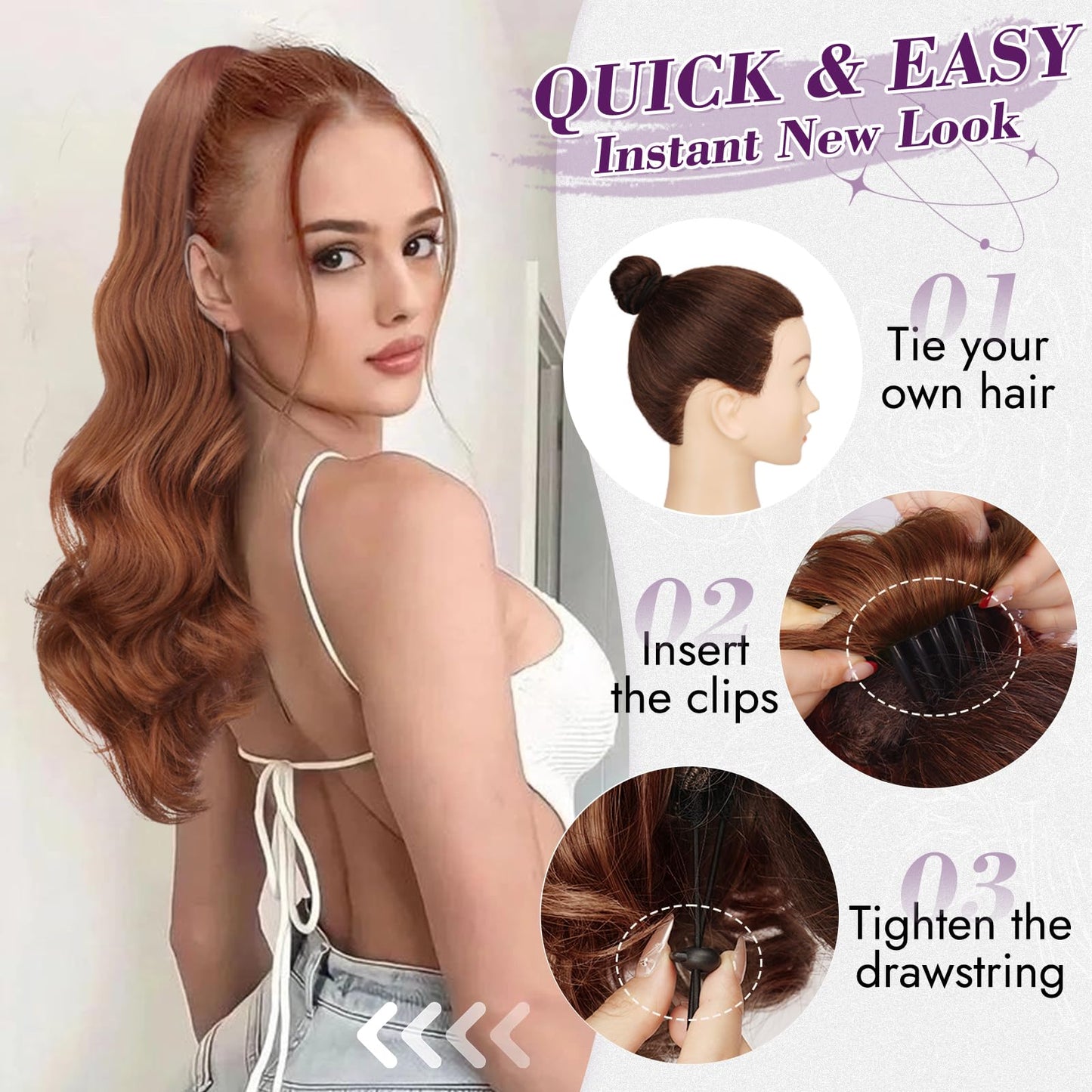 BARSDAR Burgundy Red Wavy Drawstring Ponytail Extensions – 20 Inch Synthetic Drawstring Comb Clip in Ponytail Hair Extensions for Women, Natural Looking Curly Wavy Red Pony Tails Hairpieces