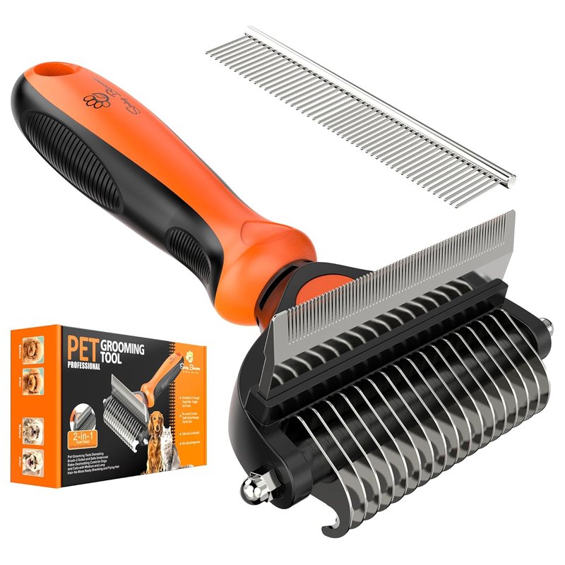 2 in 1 Professional Grooming Rake for Cats & Dogs - Dematting Comb for Easy Mats & Tangles | Orange