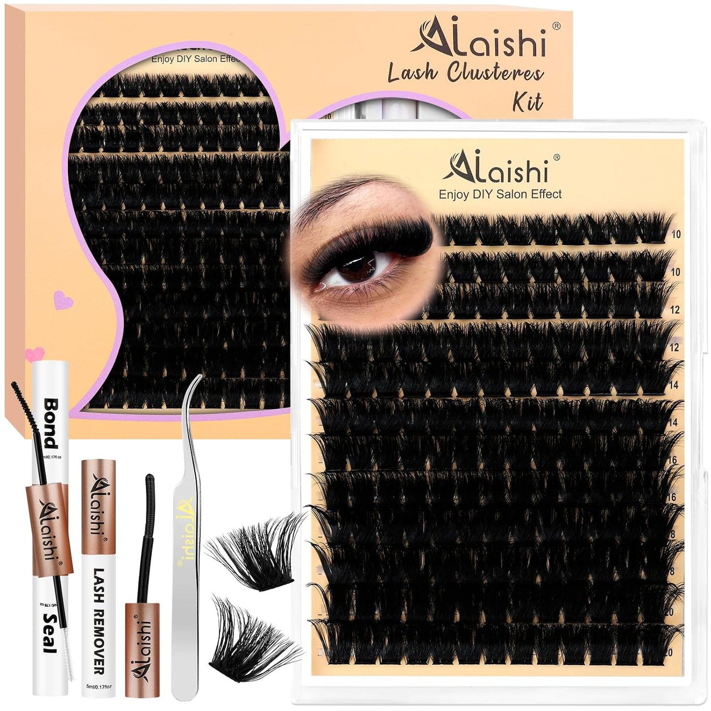 DIY Cluster Eyelash Extensions Kit - 224pcs Fluffy D Curl Lashes | 9-16mm, Bond & Seal, Tweezers Included