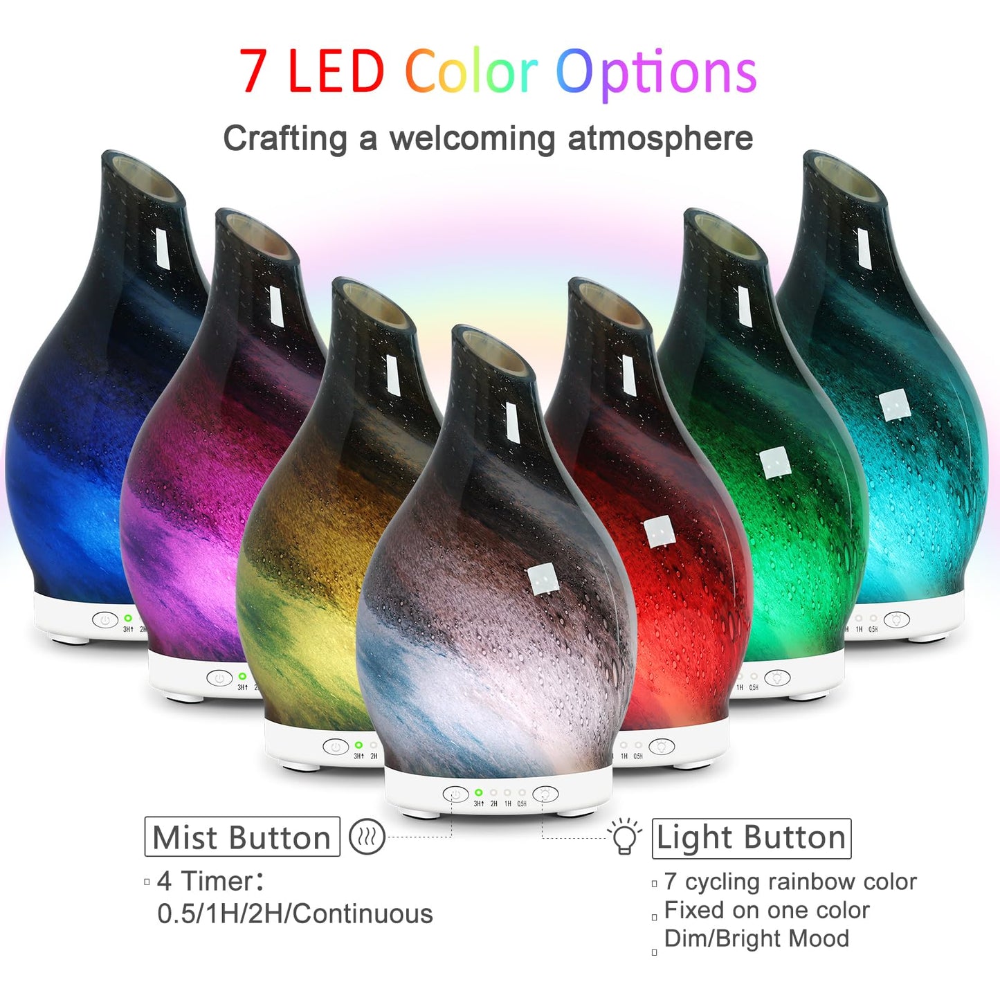 Essential Oil Diffuser 150ML Glass Aromatherapy Diffuser with 4 Timer Settings & 7 Color Changing Lights, Auto Shut-Off, Ultra Quiet Oil Diffuser for Home, Office, Yoga, Spa