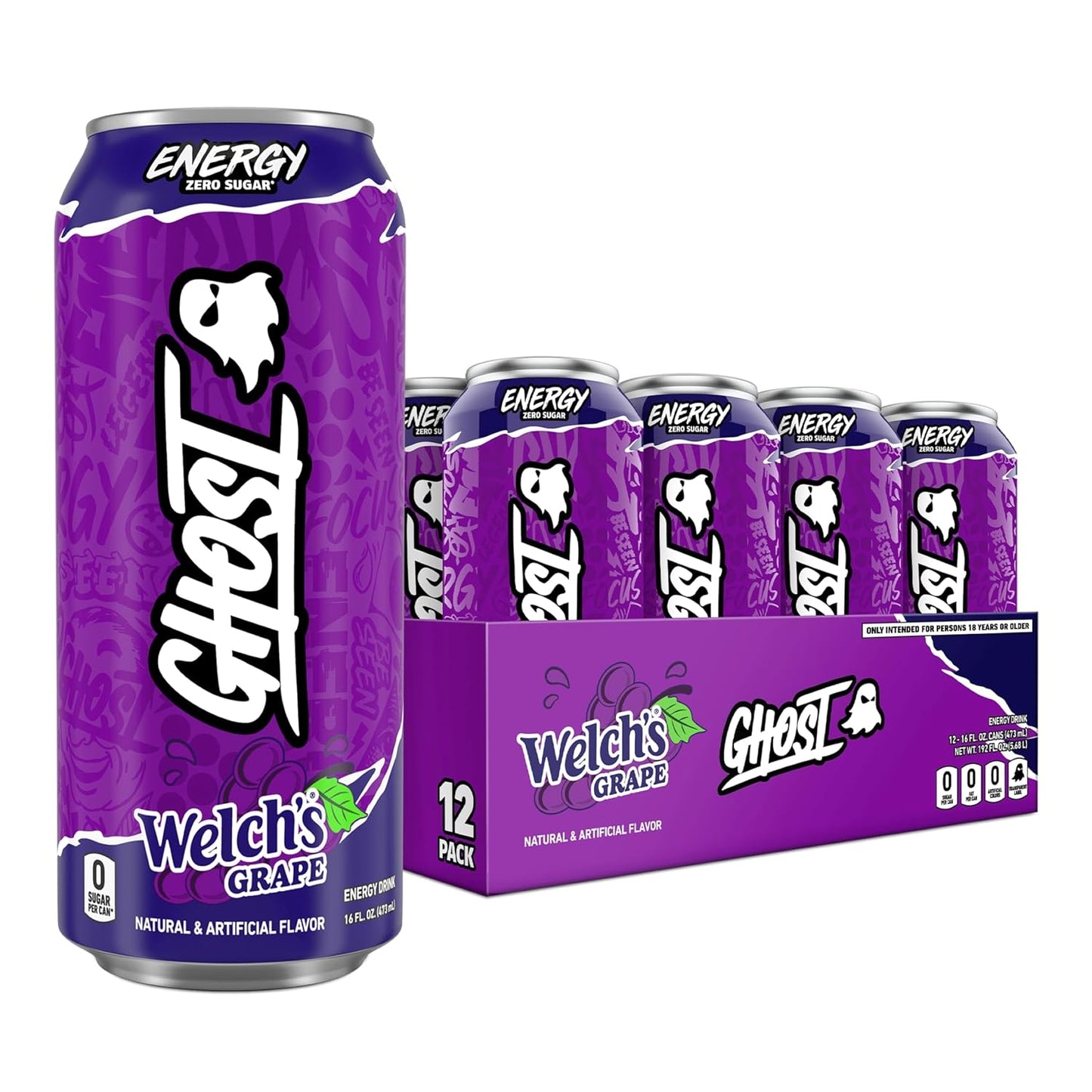 GHOST Energy Drink - 12-Pack Welch's Grape 16oz Cans | Natural Caffeine, Vegan & Gluten-Free Energy Boost
