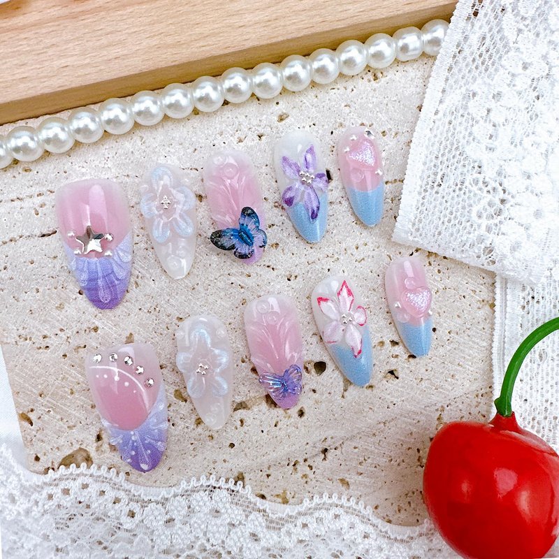 **Spring Butterfly Press-On Nails - Medium Almond Purple French Tip with Rhinestones & Flowers | 30-Piece Set**