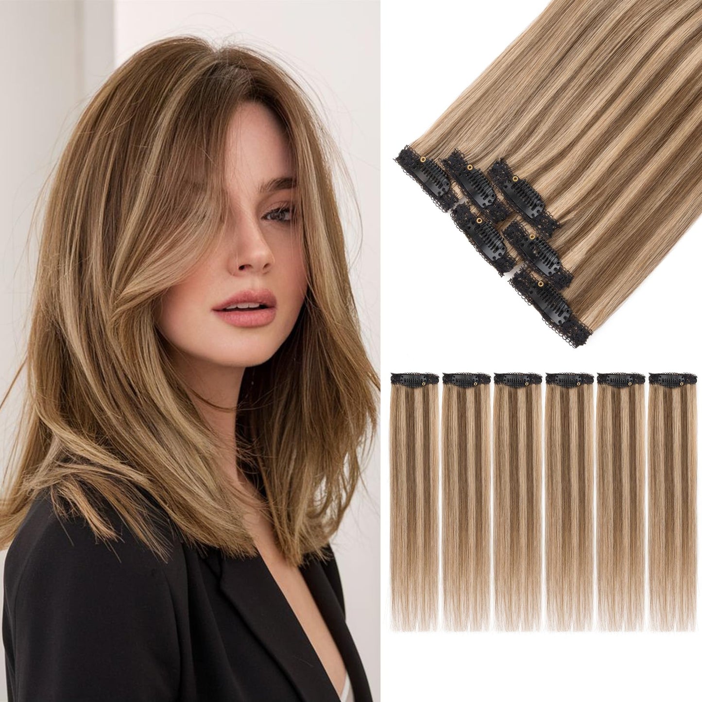 S-noilite 6Pcs Clip in Human Hair Extensions,Remy Single Short Clip in Hair Extensions 6Pcs 6clips Straight Medium Brown/Dark Blonde Seamless Hairpieces for Women 10Inch 31g