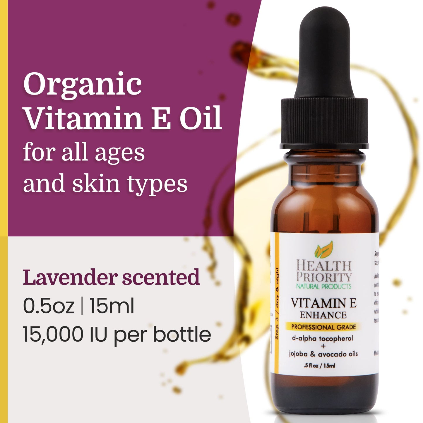 Health Priority Naturals|Vitamin E Oil - for Face/Hair - Organic, Handmade, Non-GMO, Gluten-Free, Vegan - For Scars, Wrinkles, Stretch Marks - Scented, 15,000 IU, 0.5 Fl Oz
