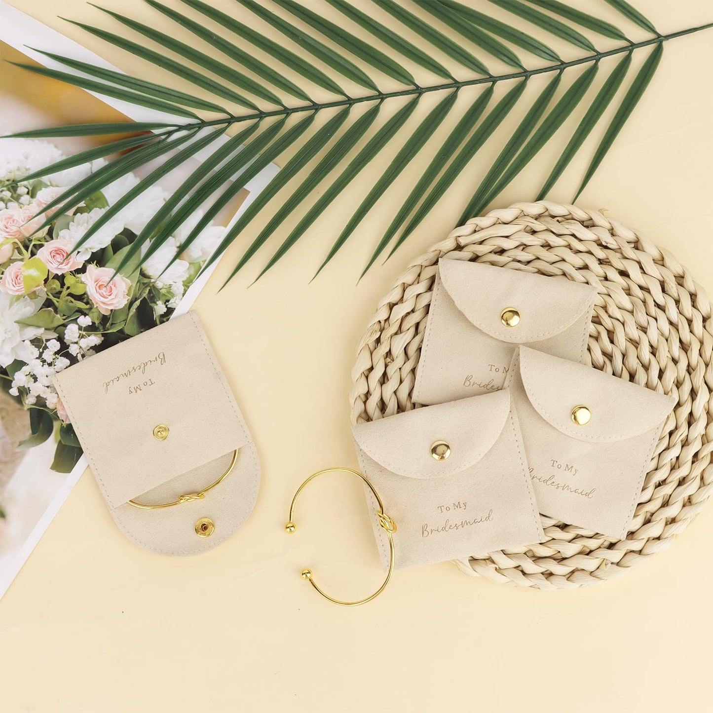 TIOSRU 16Pcs Bridesmaid Proposal Gifts Set Beige Small Jewelry Bags & Bridesmaids Knot Bracelets Set Bridesmaid Gifts for Wedding Day Bridal Shower Bachelorette Favors