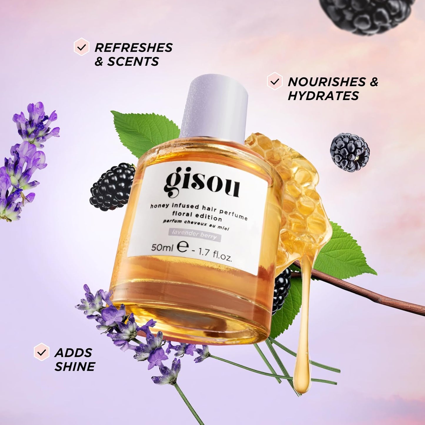 Gisou Honey Infused Hair Perfume - Long-Lasting Fragrance with Mirsalehi Honey & Argan Oil | Lavender Berry, 1.7 Fl Oz