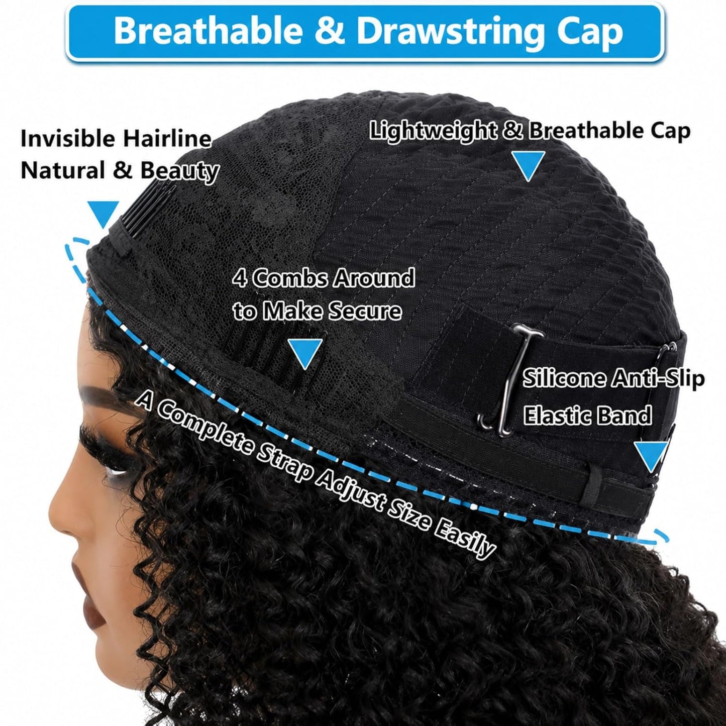 Kinky Curly Half Wig - 18 Inch 200 Density Human Hair Blend | Glueless Headband Wig in Natural Black for Easy Styling