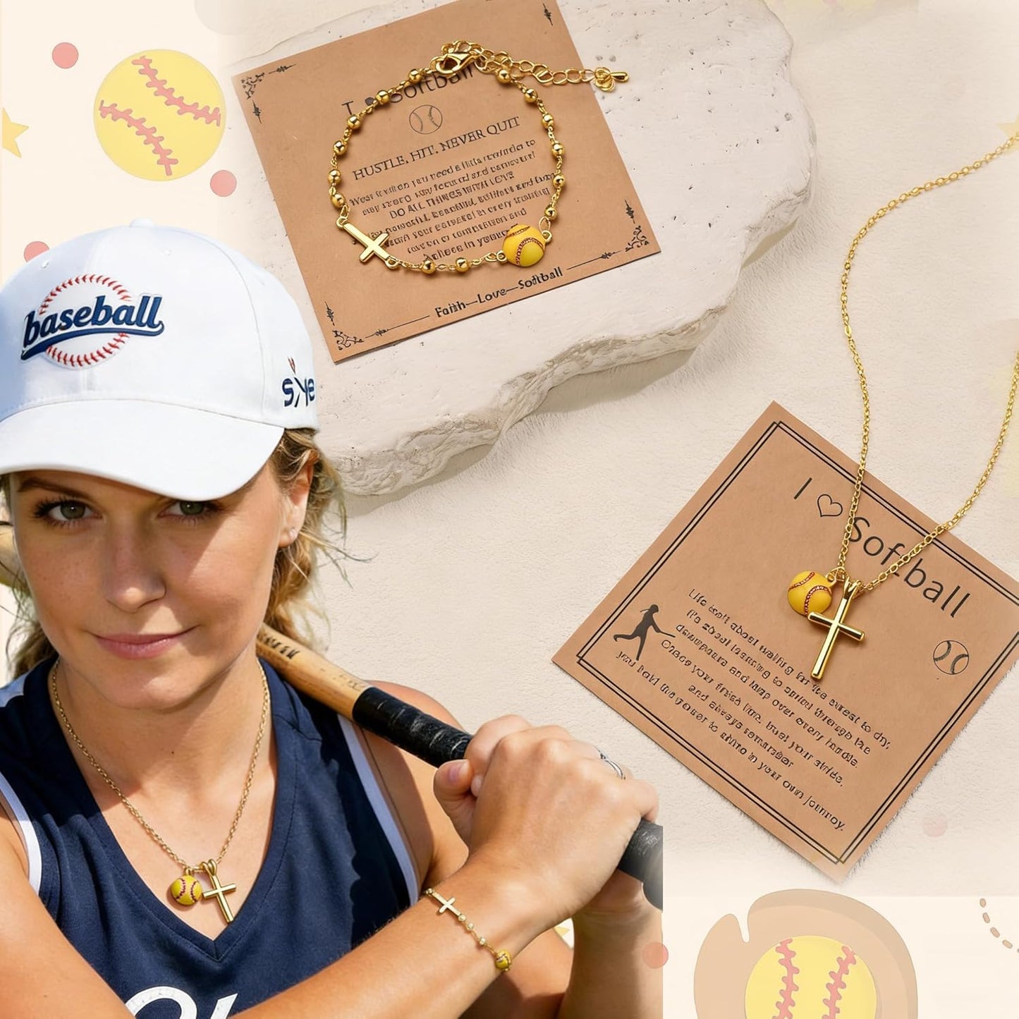Softball Gifts Set for Women - Cross Charm Bracelet & Necklace, Makeup Bag, Hair Ties, Keychain & Stickers | Perfect Accessories for Sport Lovers